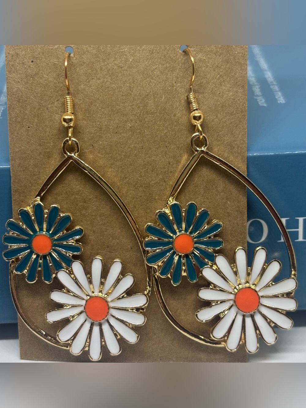Gold Teardrop Earrings with White & Teal Daisy Accents
